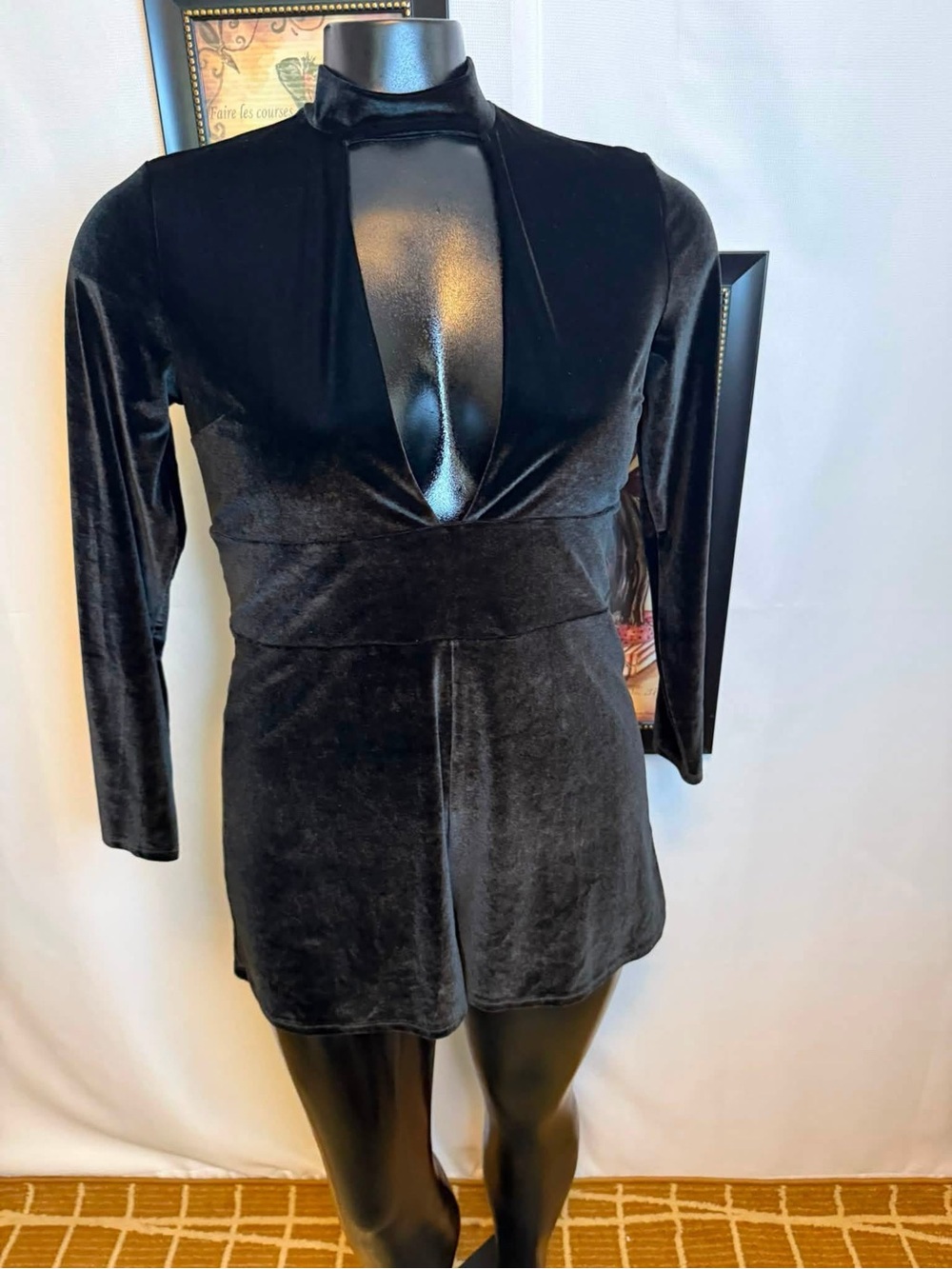 Black Velvet Long-Sleeve Deep V Romper